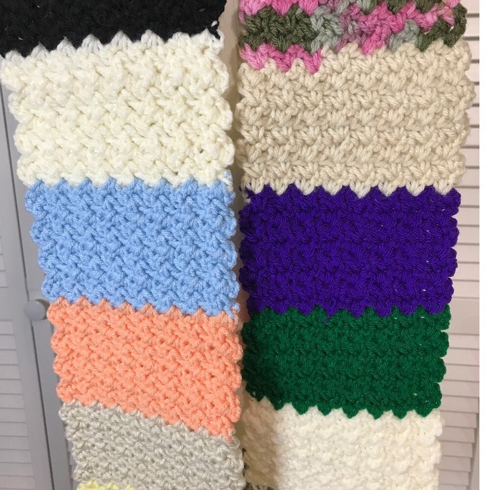 NWT Handmade Crochet Textured Winter Patchwork Scarf 64” & White Beanie - Picture 2 of 3